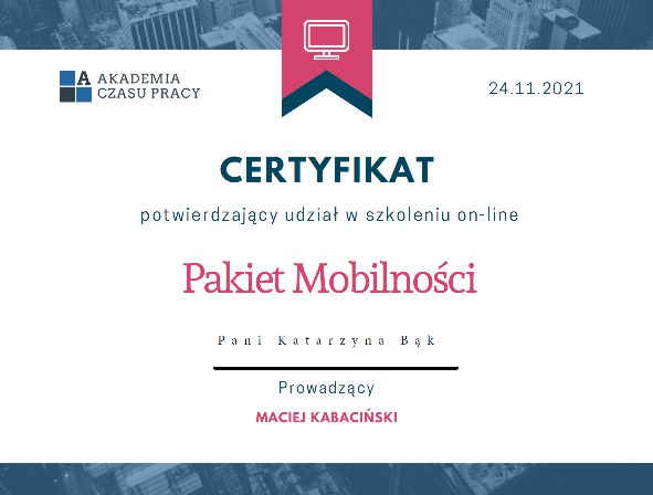 Certyfikat udziału w szkoleniu on-line - Pakiet mobilności