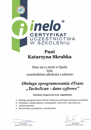 Certyfikat uczestnictwa w szkoleniu - Obłsuga oprogramowania 4Trans 'TachoScan - dane cyfrowe'